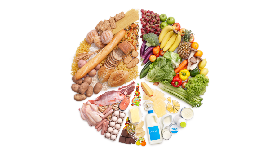 A circular food chart visually representing a balanced diet, divided into sections of fruits and vegetables, starches (bread/pasta), proteins (meat/fish/eggs), and dairy/fats.